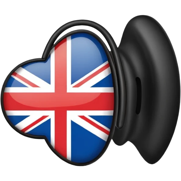 Minimalistic flat vector icon, iOS style, thin black contour on white background. Ear icon with sound waves and small UK/USA flag symbol. Clean, no text, no shadows emoji