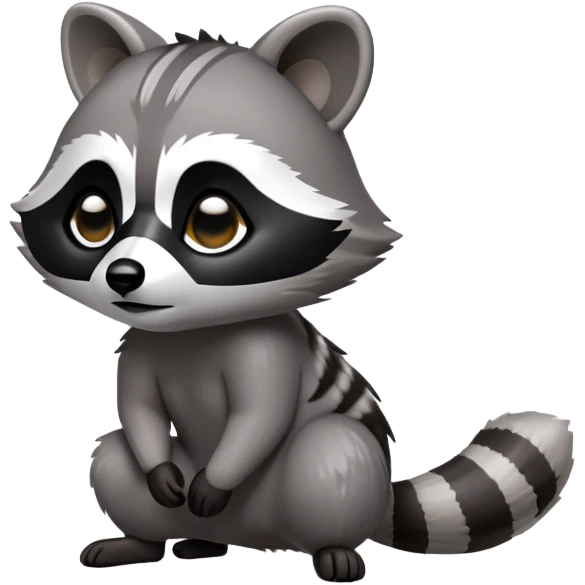Cinematic-cute Raccoon-Realistic-hunched Full-Body on all fours-Emoji – Tail flicking lazily, head tilted dramatically, thick grey fur with a signature black mask, sharp and alert ears, simplified yet realistic focused features, highly detailed, glowing with an almost sarcastic glow. big black eyes emoji