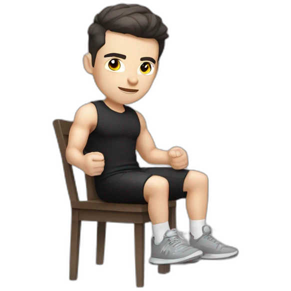 Pale skinned Fit Man With the biceps and dark brown hair in black shirt, gray sports shorts and white Sneakers Sitting on a chair emoji