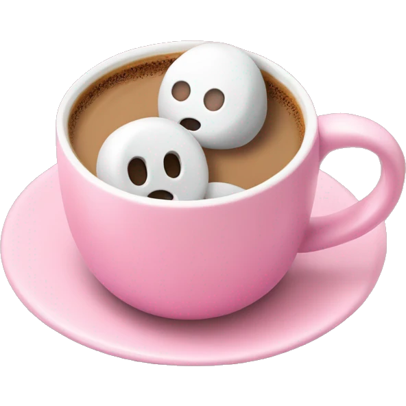 a pink plain coffee mug without a face with one handle on the right, coffee inside it, and marshmallows without a face float in the coffee, there is nothing around emoji