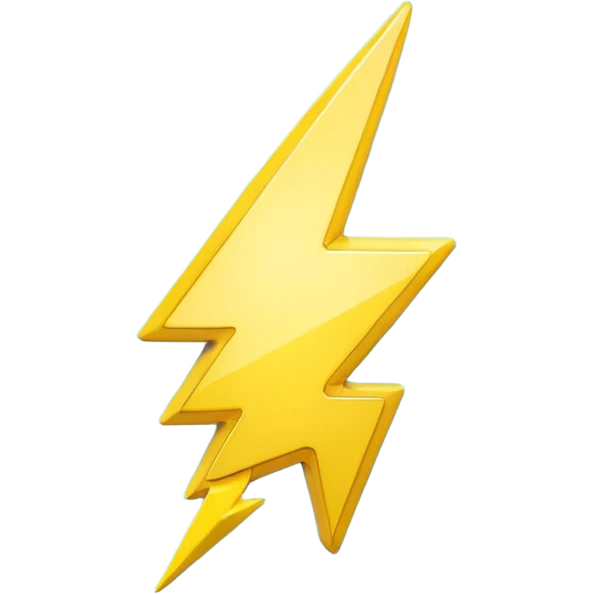 A cute 3D render icon of a lightning bolt shape. Rounded edges, plump and glossy yellow plastic material. Soft studio lighting, cheerful style. Isolated on a clean light blue gradient background. High quality, minimalist design isolated on a solid black background. emoji