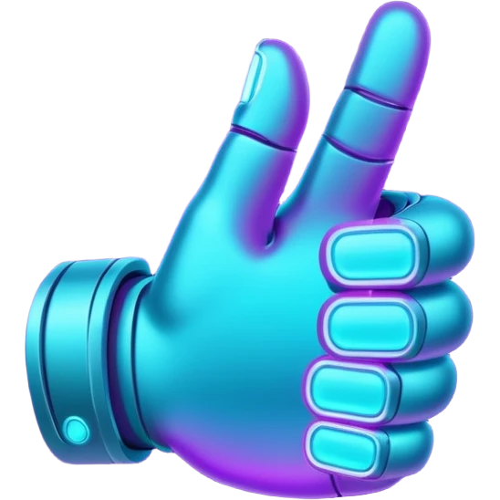 futuristic glowing thumbs up, neon purple and cyan light, dark background, digital tech style emoji