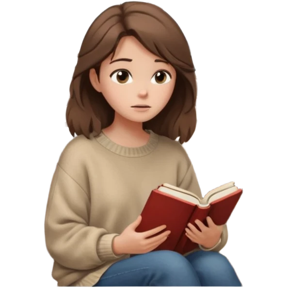 Cewe Overthinker Sweater oversized, rambut agak berantakan natural, duduk dekat jendela sambil pegang buku/jurnal, tatapan kosong mikir. emoji