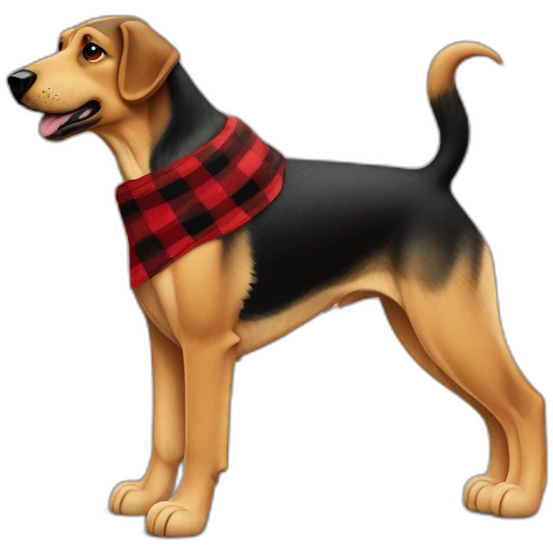 adult 75% Coonhound 25% German Shepherd mix dog with visible tail wearing small pointed red buffalo plaid bandana full body walking left quickly emoji