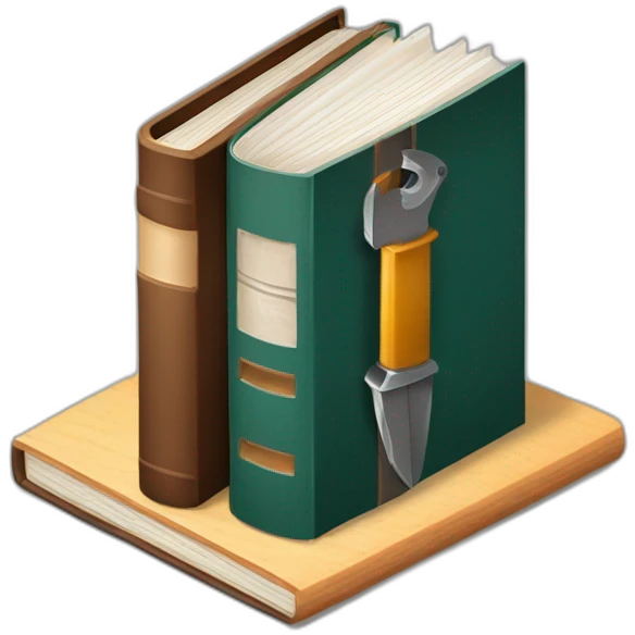 isometric thick BOOK with picture of wood, metal, welder, tools emoji
