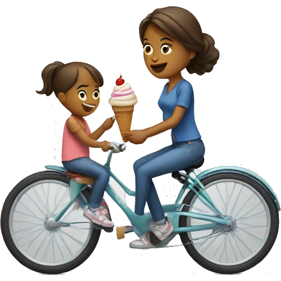 Woman with a child riding bike and holding an ice cream emoji