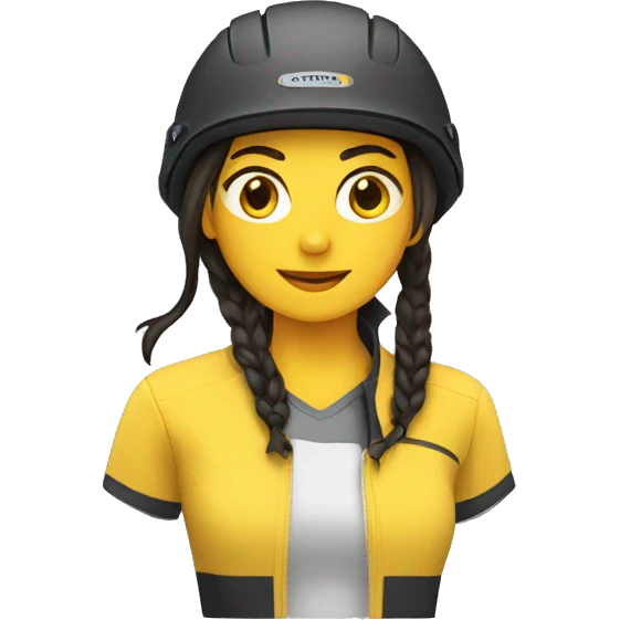 face emoji of a woman with long dark hair in two plaits wearing a yellow bike helmet emoji