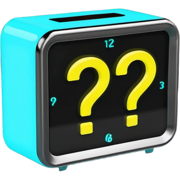 rectangular digital alarm clock with a question mark where the time would usually be emoji