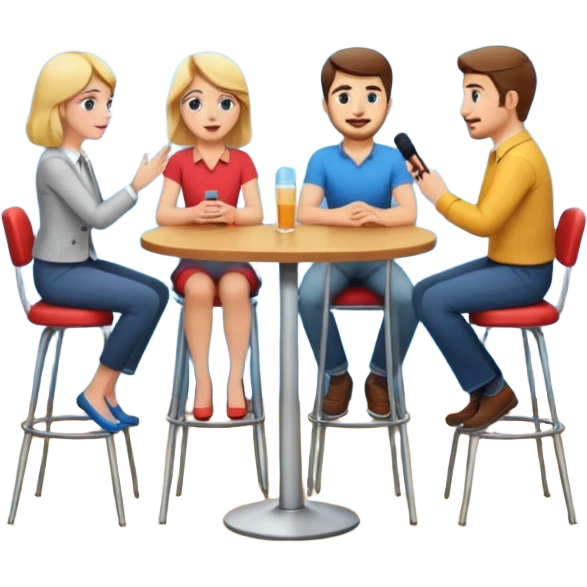 casual interview on stage, three people, facing each other, woman on the left, two men on the right, high chairs emoji