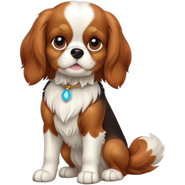 cinematic-[cavalier king charles dog]-realistic-full-body-sitting-emoji,-tail-resting-loosely-beside-its-paws,-head-tilted-dramatically,-sleek-[brown and white]-fur,-simplified-yet-realistic-focused-features,-highly-detailed,-glowing-with-an-almost-sarcastic-glow emoji