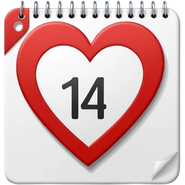 red and white calendar with the number "14" in a heart emoji