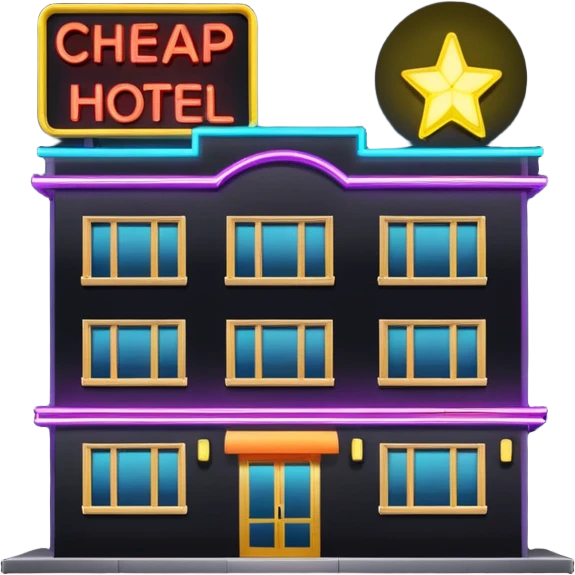 Hotel barato con letrero de neón en la fachada. emoji