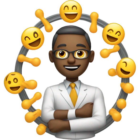 An anthropomorphic door character skillfully juggling glowing client relationship symbols in a circular motion emoji