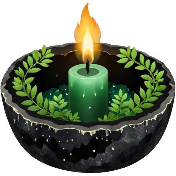 Black candle in a black geode crystal with herbs emoji
