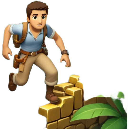 an adventure game, inspired by Uncharted-2. The design features a rugged explorer navigating through ancient ruins, with treasure and obstacles in the background. A dynamic environment with jungle, cliffs, and puzzles highlights the thrill of discovery and action. Transparent background. emoji