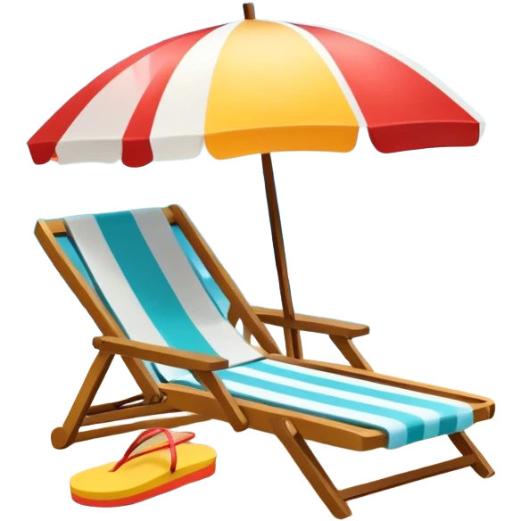 Vibrant Icon for Beach Tourism: a sunny beach with the sea, a lounge chair, a sun umbrella, and flip-flops. The icon should capture the essence of a relaxing beach vacation with a carefree atmosphere. Transparent background. emoji