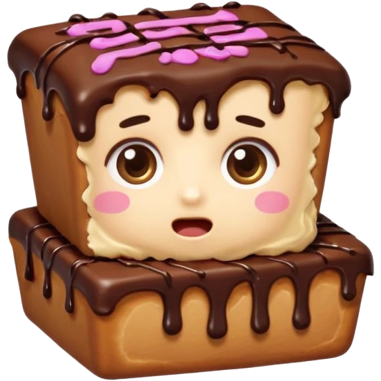 Rectangular chocolate mini pastry, slightly messy, wide shocked eyes, open mouth, chocolate dripping, text above: "ПАСТИЧКА", chibi style, Twitch emoji style, transparent background, colorful

 emoji