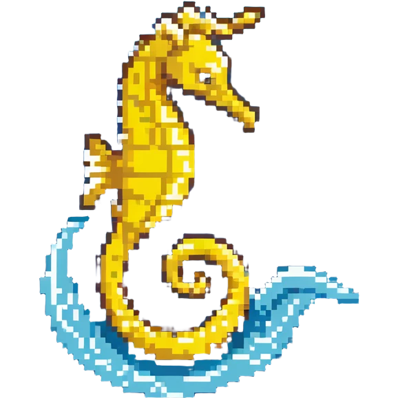 Yellow seahorse with curled tail in ocean emoji