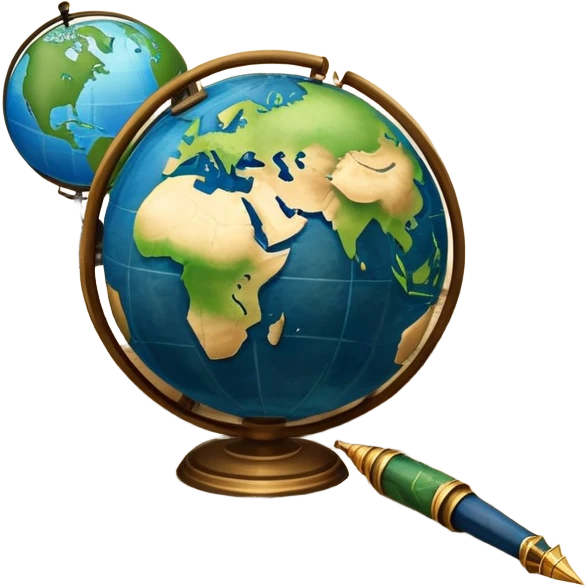 An icon featuring an ancient scroll, a quill pen, and a globe, symbolizing the study of history. The design includes a timeline with significant historical events, with ruins in the background to evoke past civilizations. Transparent background emphasizes the exploration of human history emoji