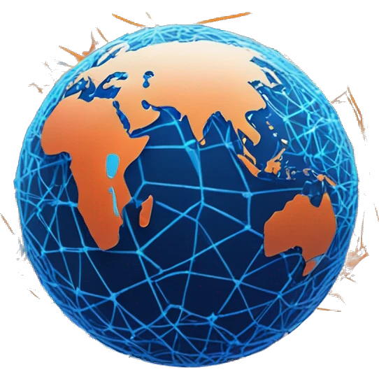 "Futuristic glowing Earth surrounded by digital blue and orange networks, representing advanced technology and a connected world." emoji