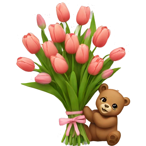 cute bear with tulips flowers bouquet emoji