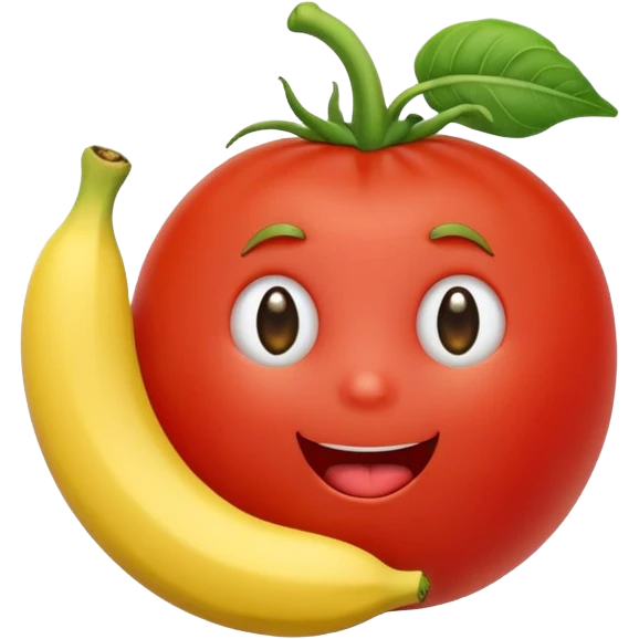 A cute tomato with a face eating a banana emoji