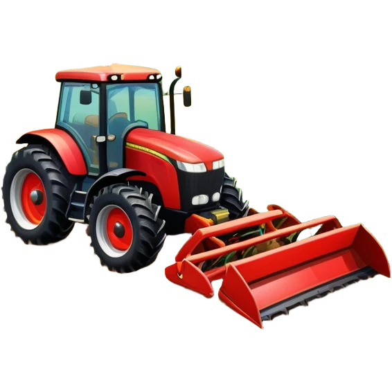 An icon representing a farming simulator, with a detailed tractor, plowing fields under a bright sky with a colorful rural landscape. The design includes farming tools, crops and barns, symbolizing the immersive experience of managing a farm. Transparent background. emoji
