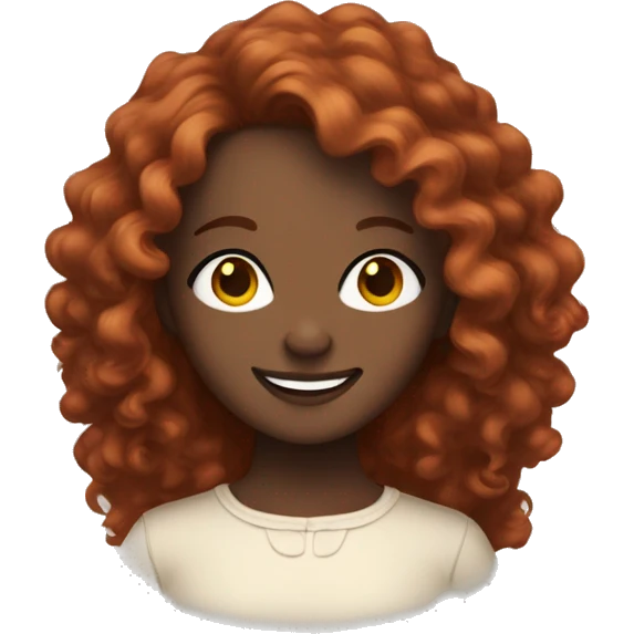 smiling dark-skinned woman with shoulder length curly red hair, long eye lashes, almond shaped eyes emoji