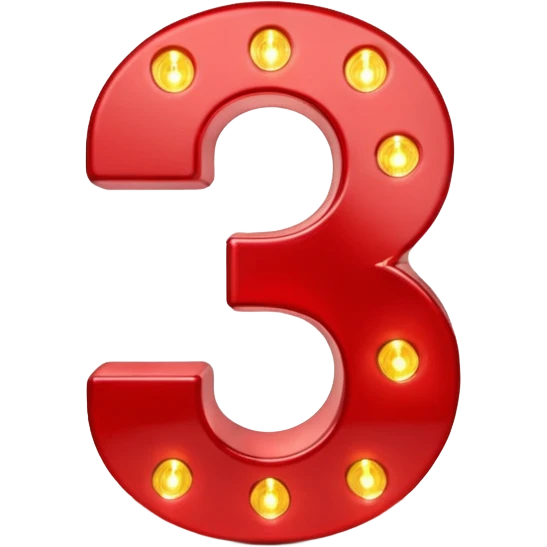 A 3D number 3 in a movie theater setting, shiny red surface; bright string lights on the number ; cinematic glow with subtle haze; glossy, premium Hollywood countdown look; centered composition. emoji