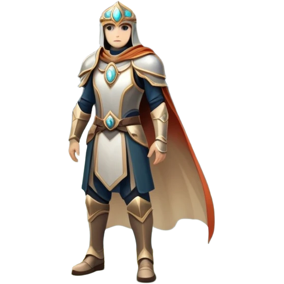 An icon featuring a hero with a closed visor, standing in a majestic, mystical landscape, inspired by RPGs like Elden Ring. The design includes a stunning, ethereal background with towering castles and distant mountains, symbolizing the adventure and mystery. Transparent background emoji