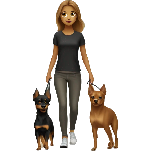 A light brown haired girl, walking one mini black and tan miniature Pinscher and one very big, fluffy & light brown Spitz on the lead emoji