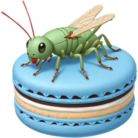A cartoon cricket on a blue macaron with white frosting to be an icon image emoji