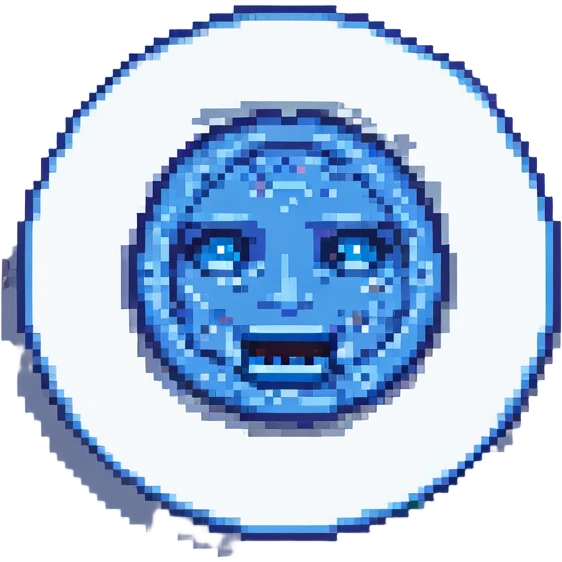 circle face with blue skin, mewing with his hands, pixel art style emoji