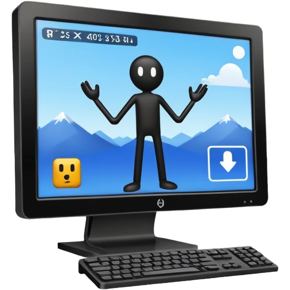 Minimalistic flat vector icon, iOS style, thin black contour on white background. Computer monitor showing a simple stickman character inside a game world. Clean, no text, no shadows emoji