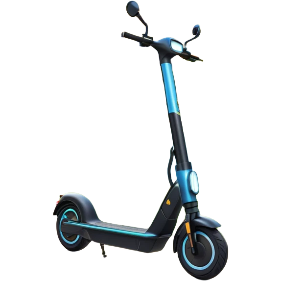 An icon featuring a sleek electric scooter parked on a scenic path. The background showcases a vibrant city park with green trees, flowers, and a clear blue sky. The sun sets in the distance, casting a warm golden glow on the landscape. Transparent background emoji