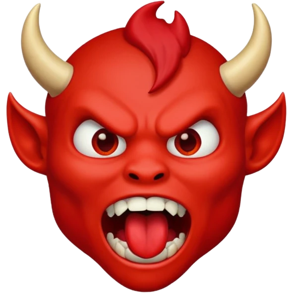Make a red devil looking straight to with is mouth like it's going to eat something that's dropping from the shy  emoji