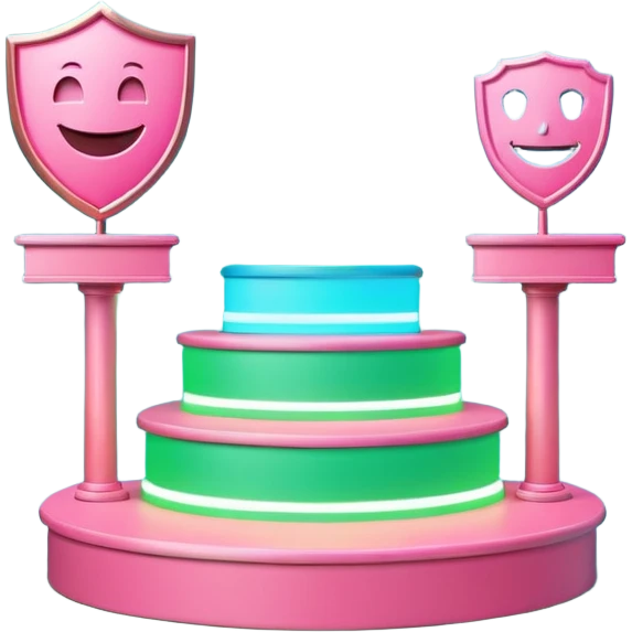 Minimalist 3D emoji-style podium with 2 steps on a green chroma key background. Step 1 (higher) features a handshake icon with blue neon glow. Step 2 (lower) features a smiling tooth with a shield icon and pink neon glow. Clean rendering, soft colors, uniform lighting. emoji