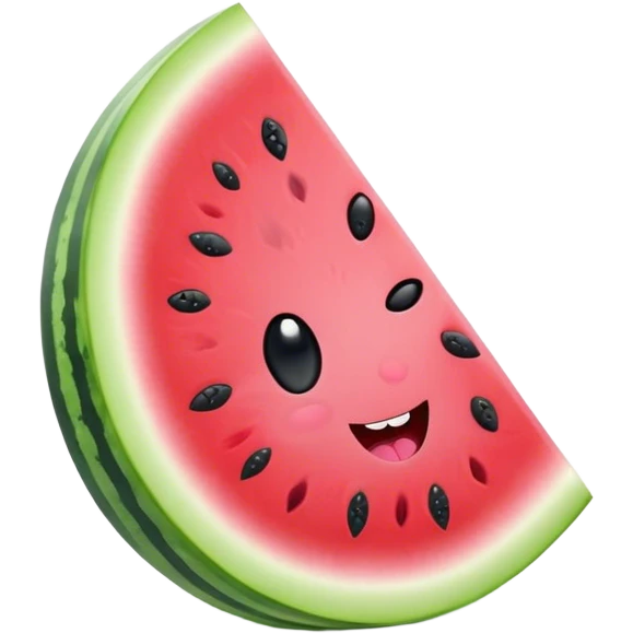 Cute Kawaii Watermelon Slice, juicy and vibrant, soft pastel green rind with pink flesh, tiny black seeds shaped like hearts, an adorable happy face with cute round eyes, bursting with summer energy! emoji
