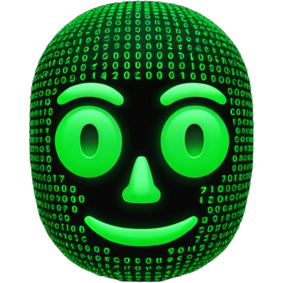 Futuristic 3D emoji made of glowing green Matrix code, digital rain background, cyberpunk neon glow, dark black backdrop, minimalist rounded face, high contrast, cinematic lighting, ultra-sharp, high resolution. emoji