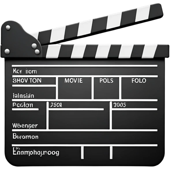 Flat design movie clapperboard with subtle shadow, black and white with minimal stripes, clean iOS emoji style emoji