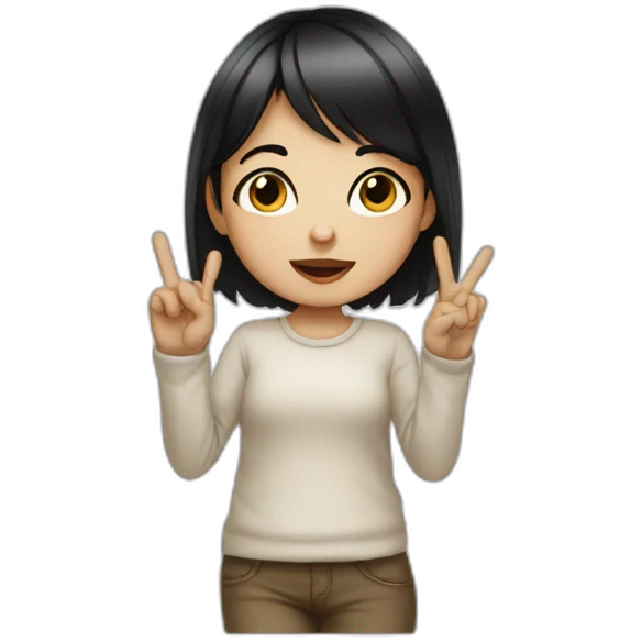 Small white skin black haired girl showing three fingers emoji