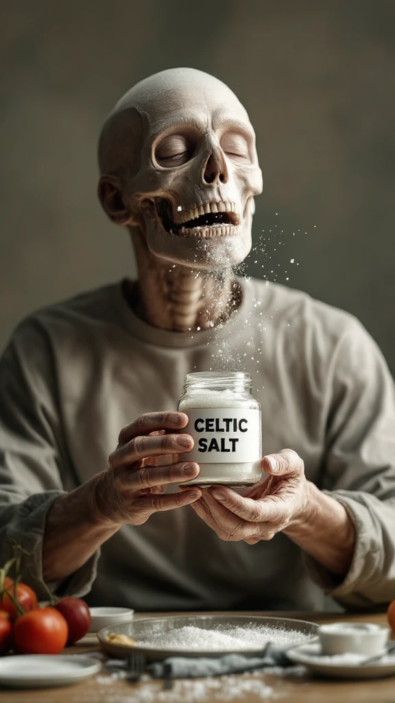A MEDICAL ILLUSTRATION OF A REALISTIC human body holding a jar with "CELTIC SALT" written on the label, he throws it in his mouth DURING BREAKFAST emoji