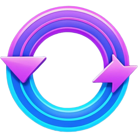 Circular loop arrow in Virtuosa style: smooth rounded shape forming a full loop, neon blue (#00A9F4) and violet (#9A1AFF) glow, futuristic 3D look, friendly and modern. No text. Full background. emoji