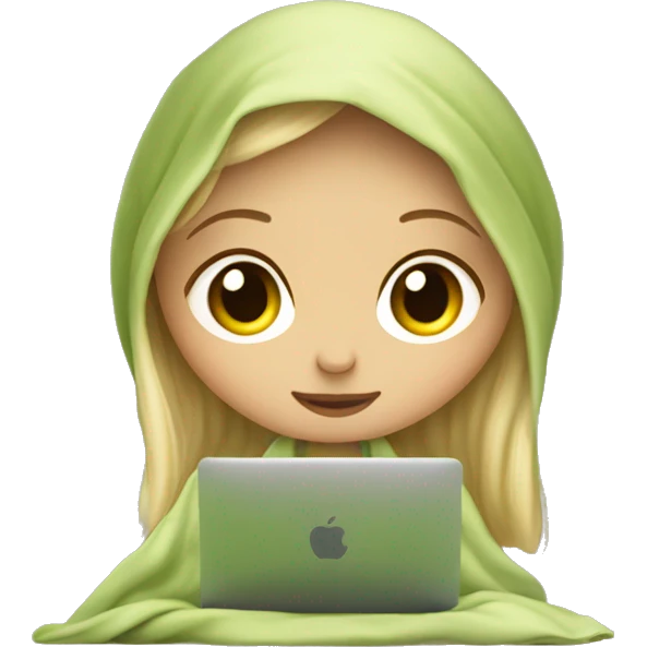 blonde girl sits under a blanket with a glass of matcha and works on a macbook emoji