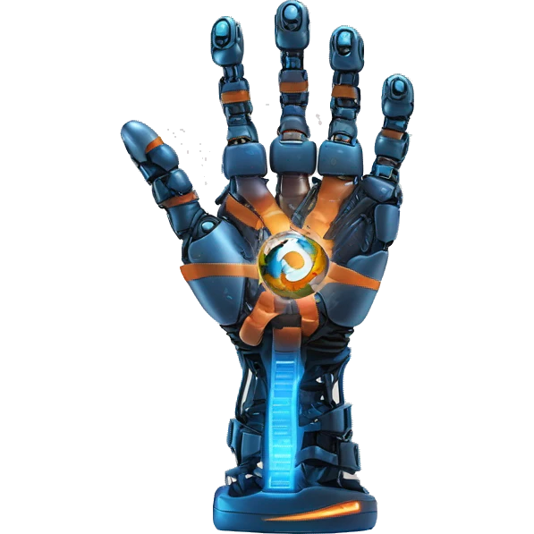 Earth held by a futuristic robotic hand, glowing with blue and orange digital lines, with a high-tech and futuristic atmosphere emoji