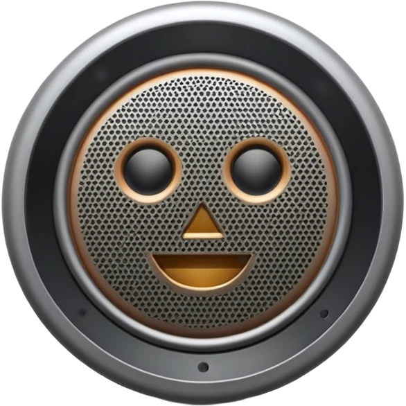 Minimal emoji icon of a modern metallic speaker, front view, detailed geometry, dark metallic body, subtle highlights, isolated emoji