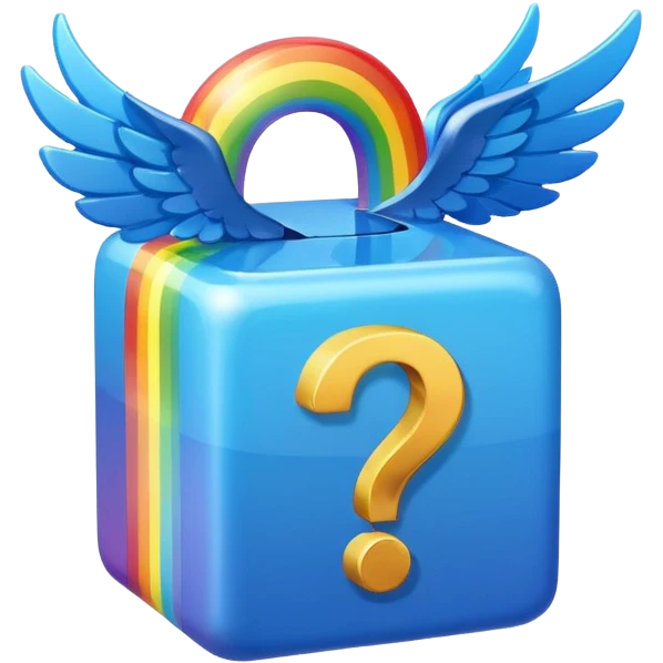 Blue cube with blue wings and has a rainbow question mark emoji