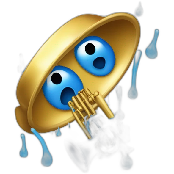 crying trombone. a tongue pokes out of its bell, which is its frowning mouth. two squeezed tight cartoonish eyes rest on top of it, from which big blue tears spray emoji