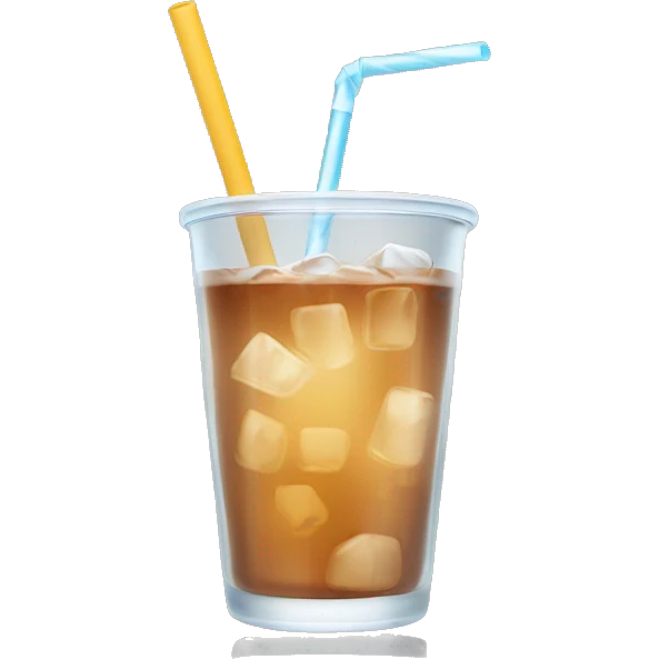 Clear glass cup with light brown drink, ice, and straw emoji