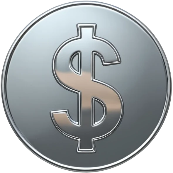 A double dollar sign emoji made of polished silver chrome, smooth metallic surface, glossy reflections, luxury swag vibe, minimal iOS emoji style, centered on white background emoji